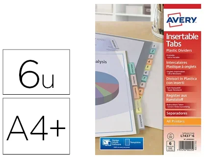 Avery – Intercalaires à onglets personnalisables et imprimables 6 touches A4+, polypropylène coloré translucide