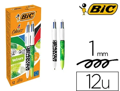 BIC 4 Couleurs Velours – Stylo-Bille Rétractable – Pointe Moyenne (1 mm) – Corps Motif Jungle