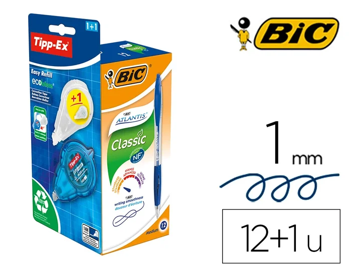 Bic Atlantis Soft – 12 Stylos à Bille Rétractables – Pointe Moyenne 1mm – Bleu + 1 Correcteur Easy Refill + 1 Recharge