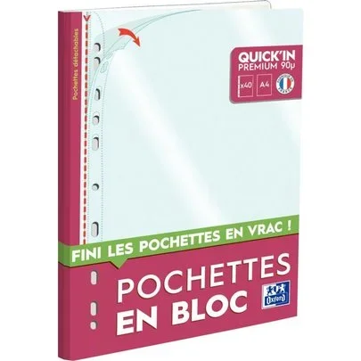 Bloc de 40 pochettes perforées A4 en polypropylène 9/100ème