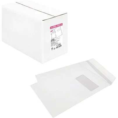 Boîte de 250 pochettes blanches C4 229×324 90g/m² fenêtre 50×110 bande de protection
