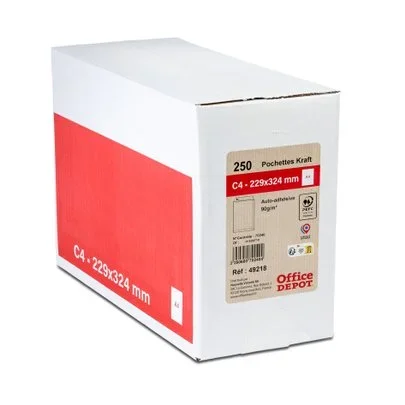 Boite de 250 pochettes kraft C4 90g/m² autocollantes Office DEPOT