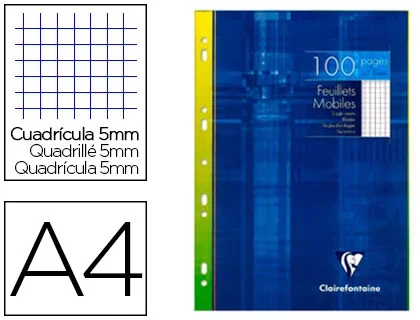Clairefontaine – Feuilles simples – A4 (210×297 mm) – 100 pages – Petits carreaux (5×5 mm) – 90g – Perforées – Blanc