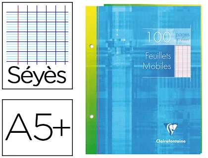 Clairefontaine – Feuilles simples – A5+ (170×220 mm) – 100 pages – Grands carreaux (Seyes) – 90g – Perforées – Blanc