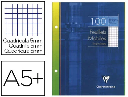 Clairefontaine – Feuilles simples – A5+ (170×220 mm) – 100 pages – Petits carreaux (5×5 mm) – 90g – Perforées – Blanc