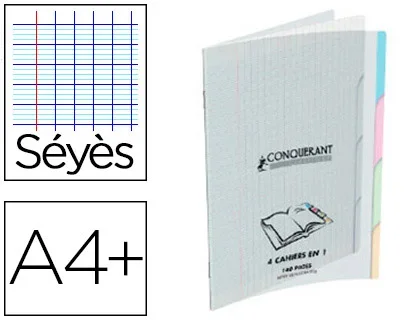Conquérant Classique – Cahier piqué – A4+ (24×32 cm) – Grands carreaux (Seyes) – 90g – 140 pages – 4 Index – Incolore