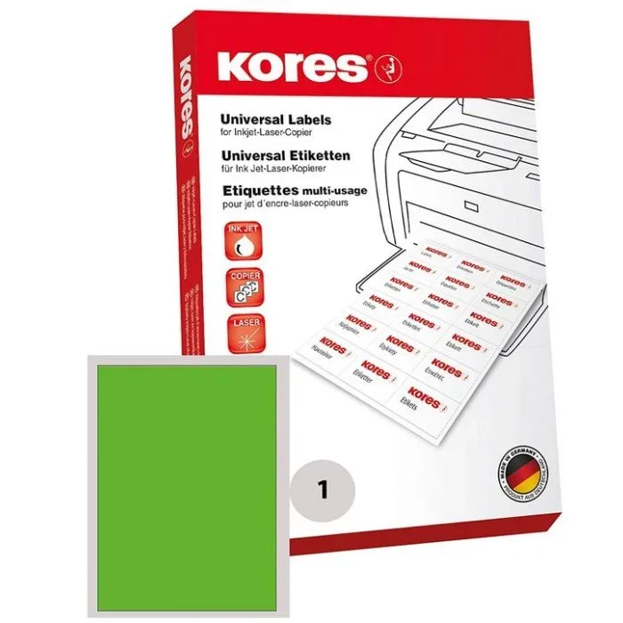 Etiquettes adhésives A4 – Vert – 210 x 297 mm KORES Lot de 100