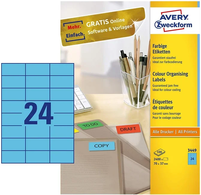 Étiquettes autocollantes – Bleu – 70 x 37 mm AVERY Lot de 2400