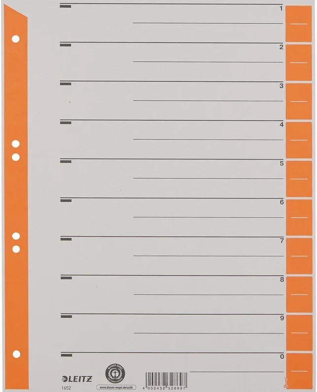 Intercalaires en carton – 240 x 300 mm – 230g/m² – Gris/Orange LEITZ Lot de 100