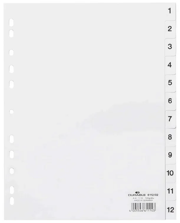 Jeu de 12 Intercalaires numériques en plastique – 230 x 297 mm DURABLE