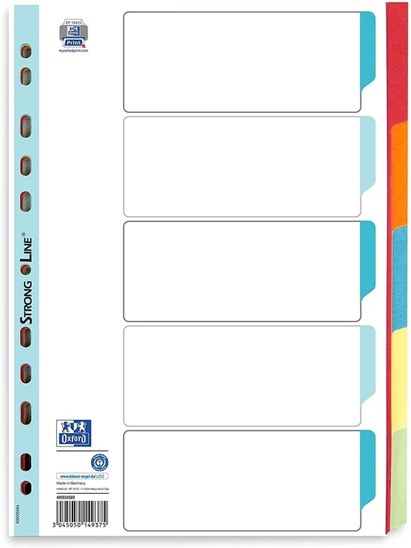Jeu de 5 Intercalaires neutres en carton coloré – 225 x 297 mm OXFORD