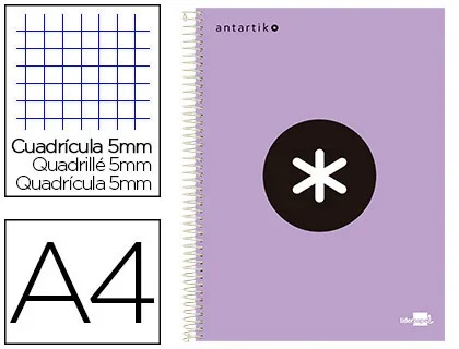 Liderpapel Antartik – Cahier spirale – A4 (21×29,7 cm) – Petits carreaux (5×5 mm) – 4 trous – 240 pages – 100g – Lavande