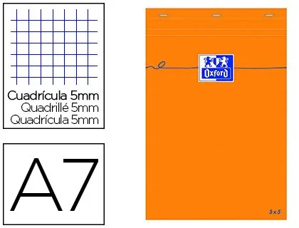 Oxford – Bloc notes – A7 (7,4×10,5 cm) – Petits carreaux (5×5 mm) – 80g – 160 pages – Orange