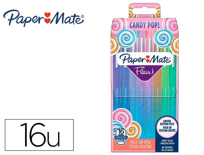 Paper Mate Flair Original – Feutre Fin – Pointe Moyenne 1mm – Etui de 16 candy pop