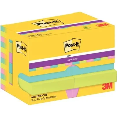 Paquet de 12 blocs de 90 feuilles Super Sticky post-it, 476 x 476 mm, couleurs cosmic : bleu océan, vert néon et rose néon