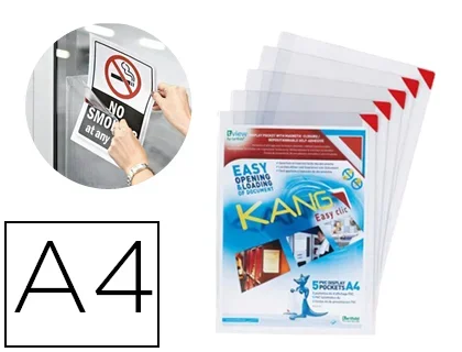 Poche tarifold kang à fermeture aimantée pvc transparent antireflets 20/100e a4 mural dos repositionnable sachet de 5