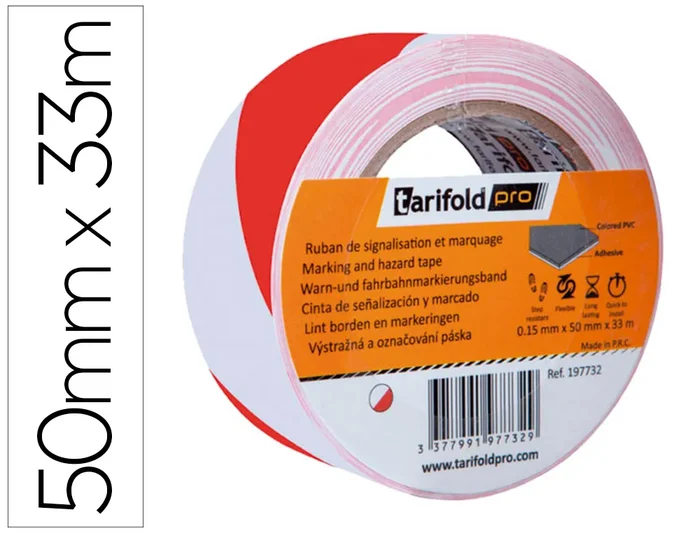 Tarifold – Ruban adhésif signalisation – 50mm x 33m – Rouge/Blanc