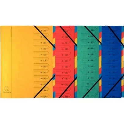 Trieur dos agrafé avec élastiques, 12 compartiments, coloris assortis
